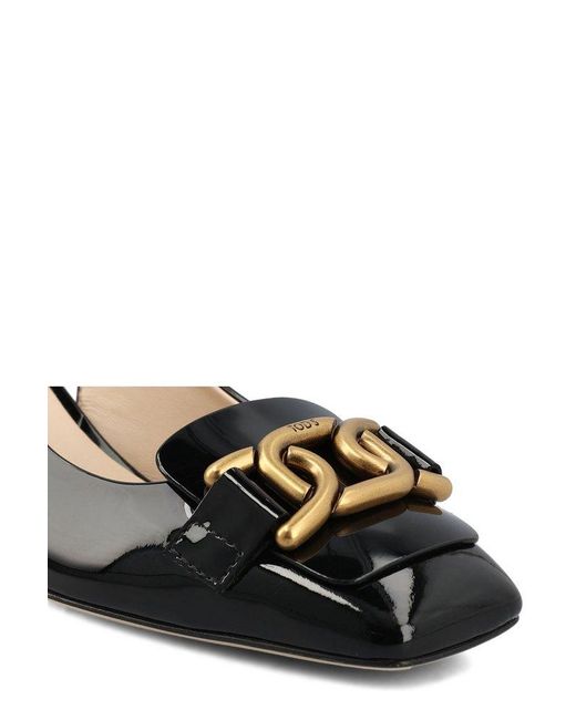 Tod's Black Cuoio Square Toe Logo-Engraved Pumps