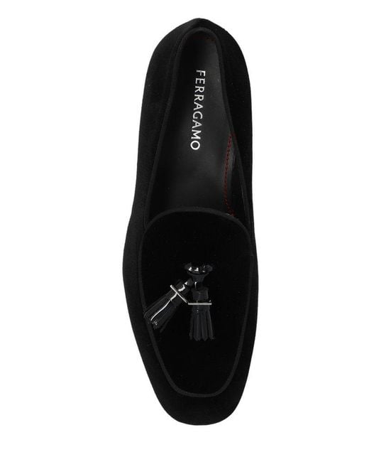 Ferragamo Black Tassel Detailed Velvet Loafers for men