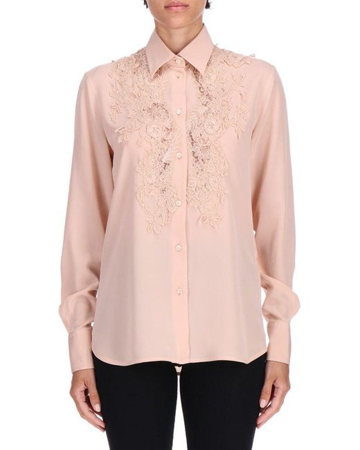 Ermanno Scervino Pink Lace-Panel Curved Hem Shirt