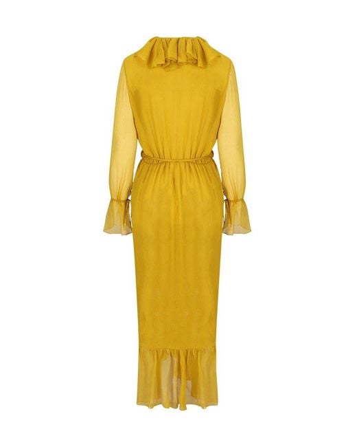 Saint Laurent Yellow Ruffled V-Neck Dress