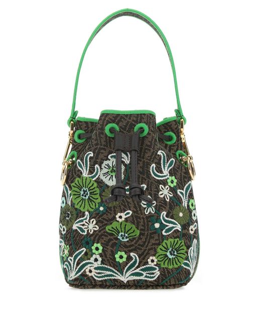Fendi Green Embroidered Canvas Mini Mon Tresor Bucket Bag