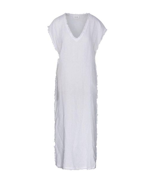 P.A.R.O.S.H. White Cap Sleeved Frayed Midi Dress