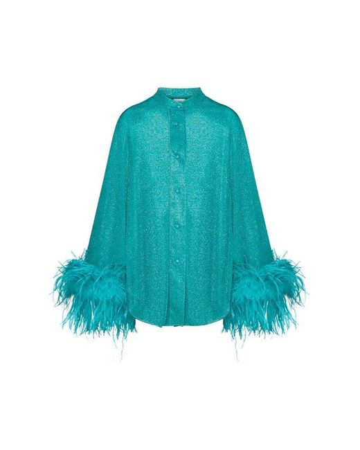Oseree Blue Feather-trimmed Buttoned Blouse