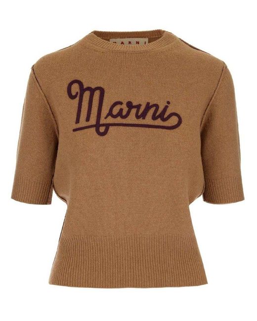 Marni Brown Logo Embroidered Short-sleeved Knitted Top
