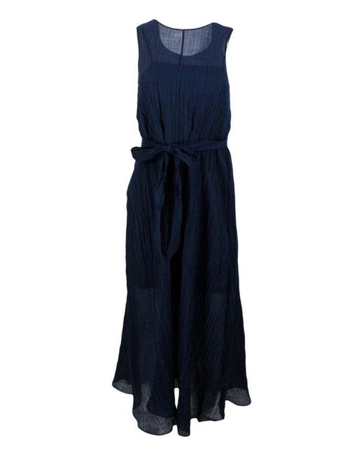 Armani Exchange Blue Light Dress With Crinkle Effect Without Sleeves With Belt At The Waist