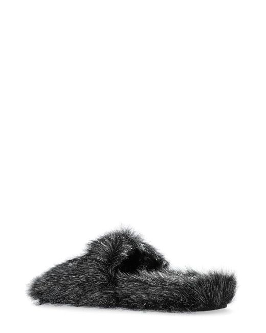Balenciaga Black Logo Embroidered Faux Fur Slides