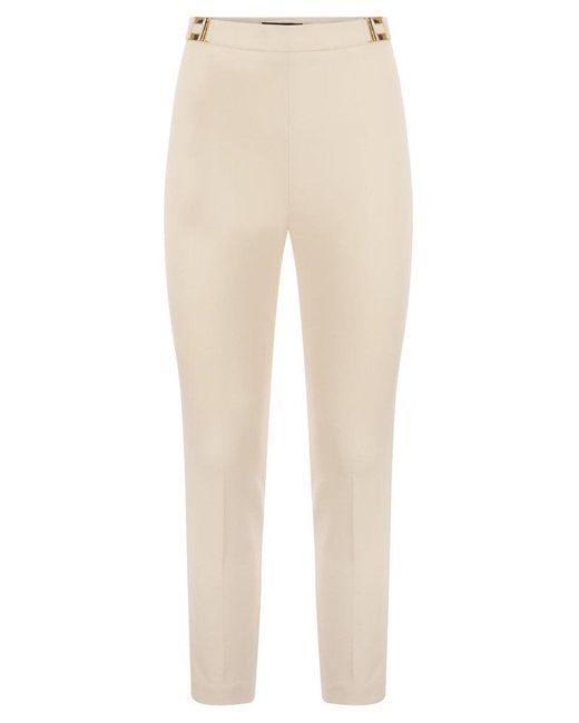 Elisabetta Franchi Natural Straight Crepe Trousers With Logo Plaques