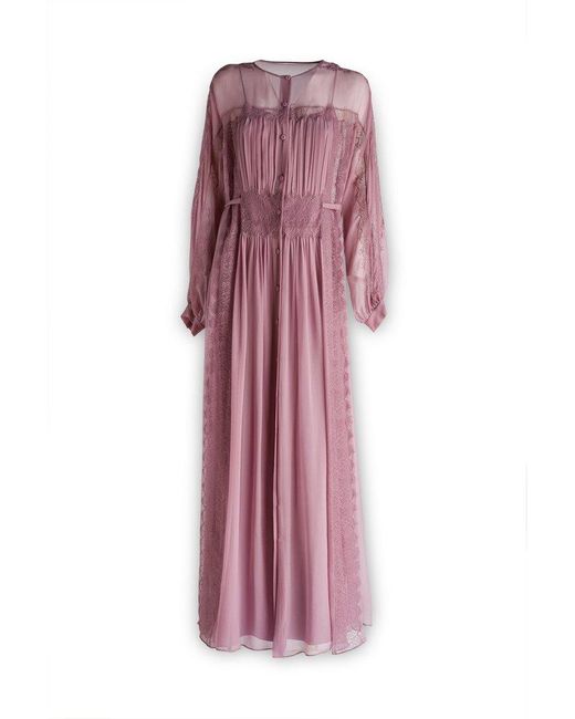 Alberta Ferretti Pink Buttoned Lace Panelled Evening Dress