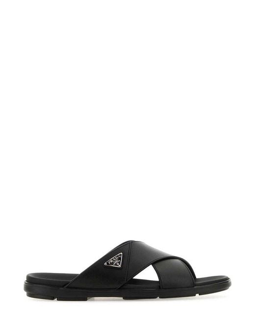 Prada Black Triangle-logo Slip-on Sandals for men