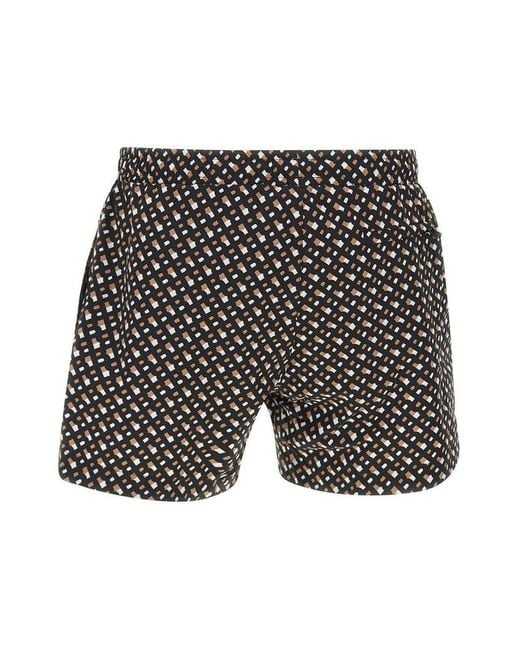 Boss White Monogram Print Fully Lined Swim Shorts for men