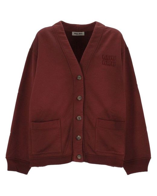 Miu Miu Red Button-Up Fleece Sweatshirt