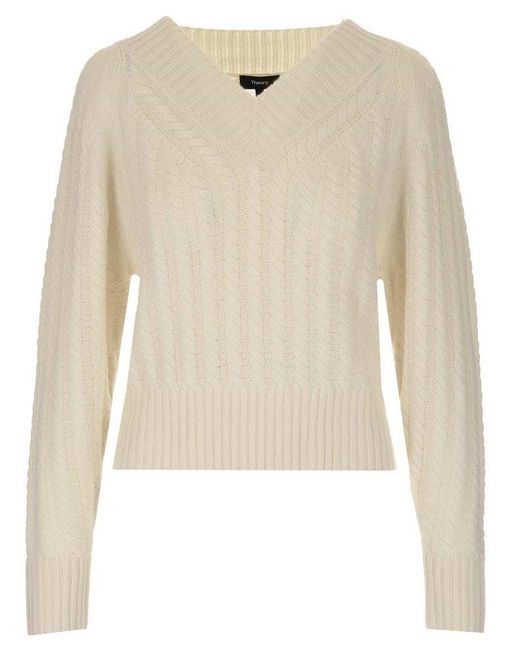 Theory Natural V-neck Cable Knit Jumper