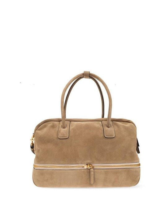 Moschino Brown Logo Embossed Zipped Tote Bag