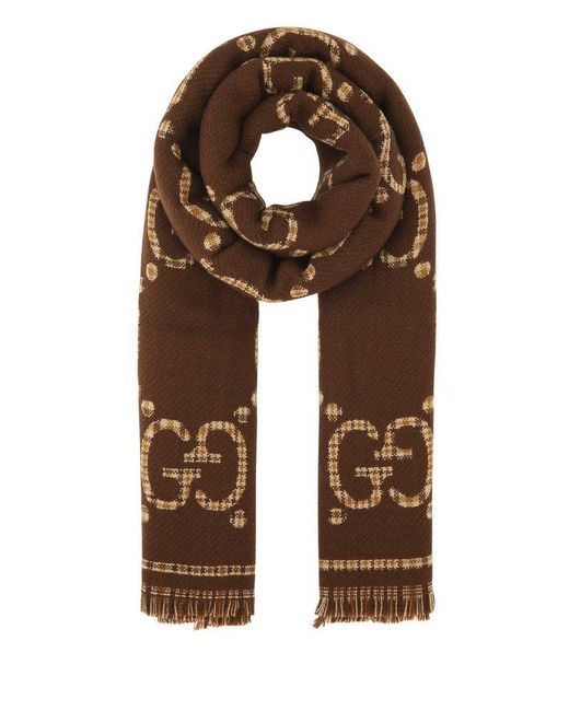 Gucci Brown GG Jacquard Fringed Edge Scarf for men