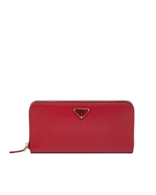 Prada Red Saffiano Leather Zip Around Wallet