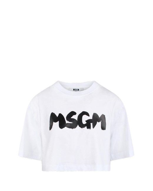MSGM White Logo Printed Cropped T-shirt