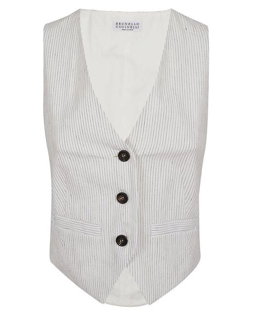 Brunello Cucinelli White Pinstripe-pattern V-neck Waistcoat
