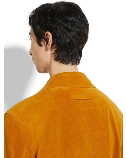 Zegna Orange Button-Up Leather Jacket for men