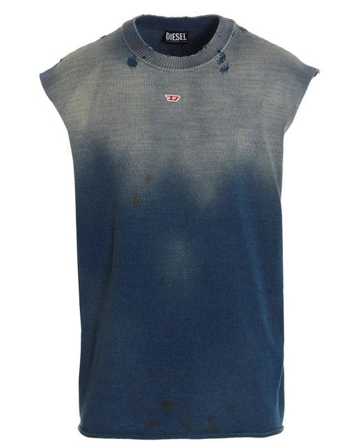 DIESEL Blue Used Effect Logo Embroidered Vest for men