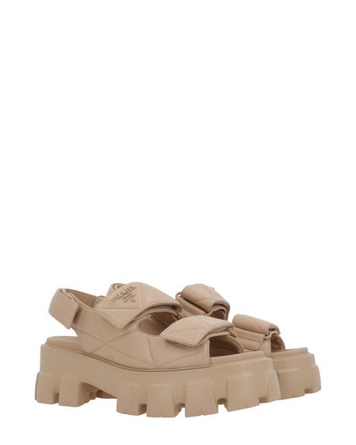 Prada Natural Triangle-Logo Quilted Sandals