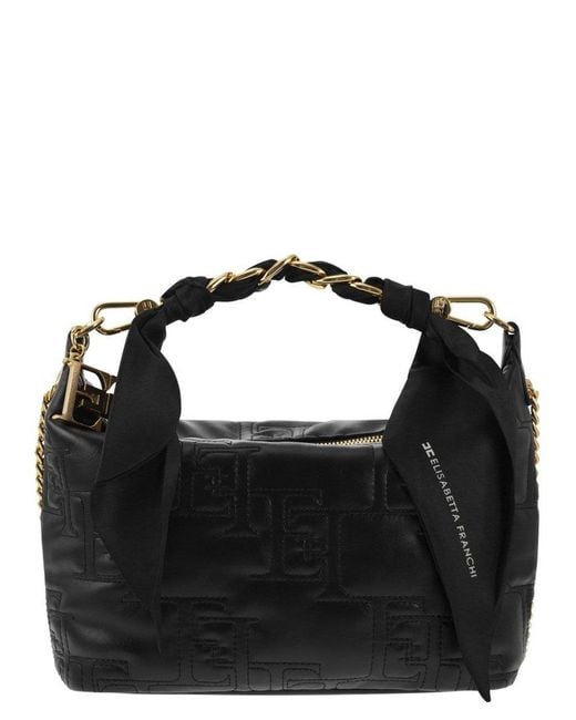 Elisabetta Franchi Black Logo Embroidered Scarf Chain-link Tote Bag