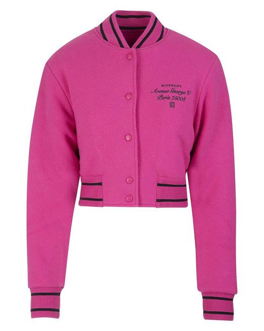 Givenchy Pink Woman Bomber Jacket In Fuchsia Virgin Wool With Contrast Embroidery