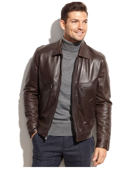 Michael Kors Brown Michael Welby Shirt-Collar Leather Jacket for men