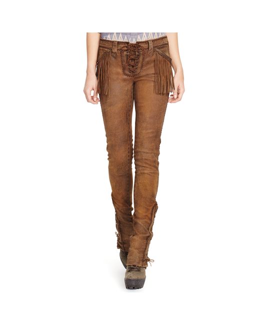 Polo Ralph Lauren Fringed Stretch Leather Pant in Brown | Lyst