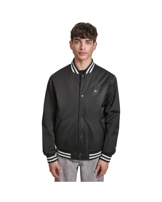 Champion Black Logo Striped-Trim Varsity Jacket for men
