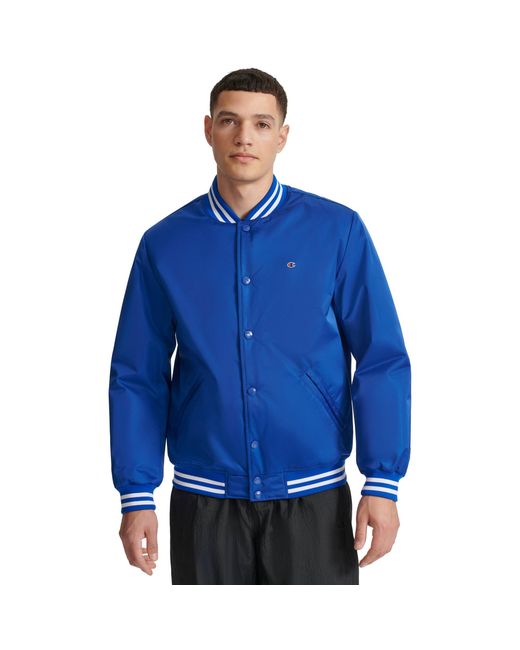 Champion Blue Logo Striped-Trim Varsity Jacket for men