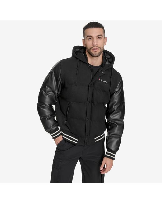 Champion Black Quilted Puffer Hoodie Bomber for men