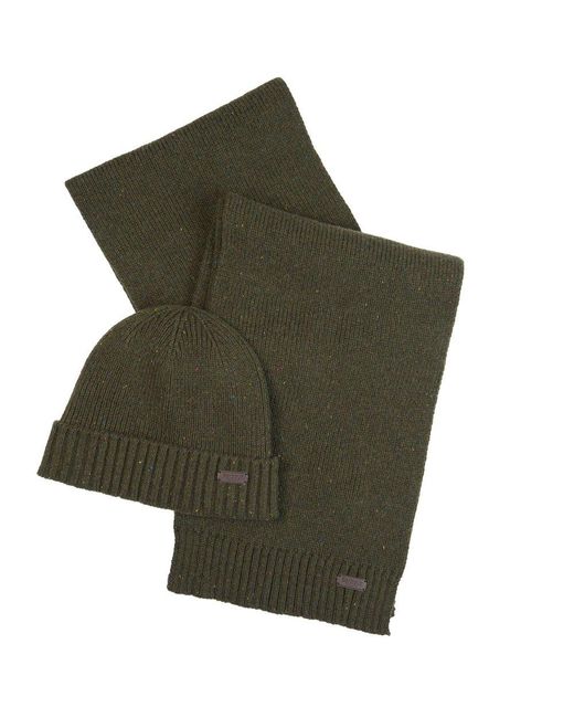 Barbour Green Carlton Fleck Beanie &Amp; Scarf Set
