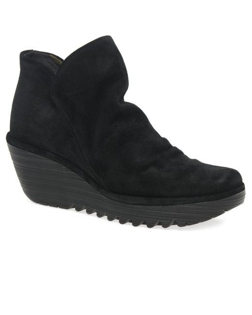 Fly London Black Yip Womens Wedge Heel Ankle Boots