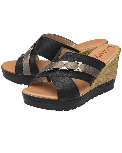 Lotus Black Barracuda Wedge Sandals