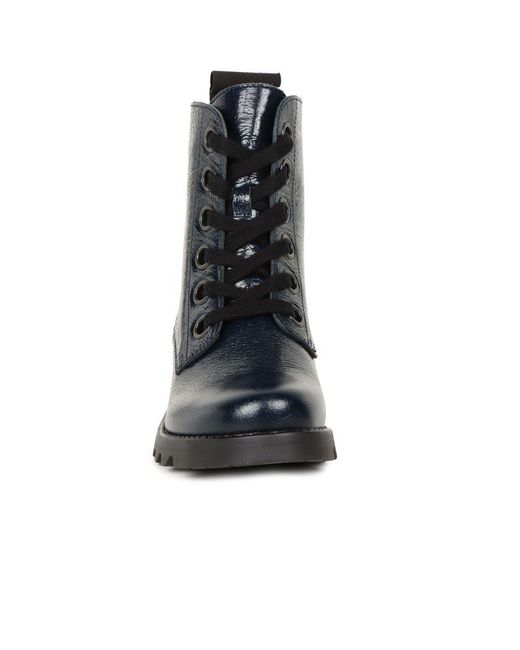 Fly London Blue Ragi Military Style Boots Patent