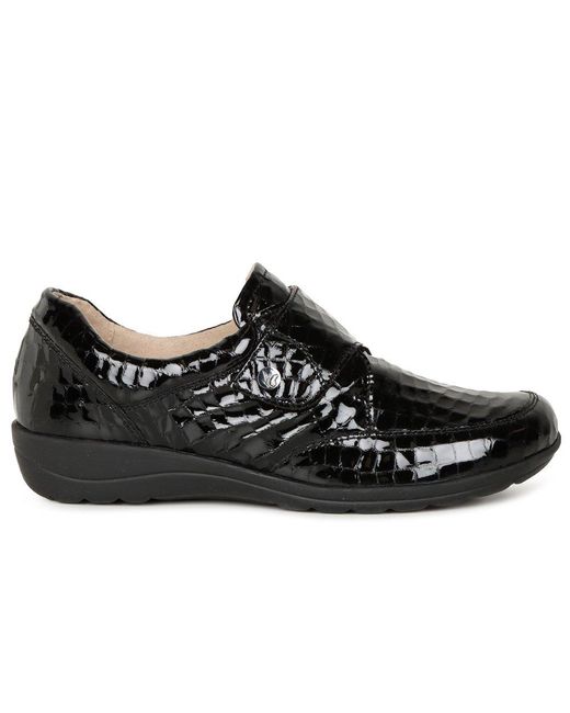 Caprice Black Vera Riptape Shoes Patent Croc