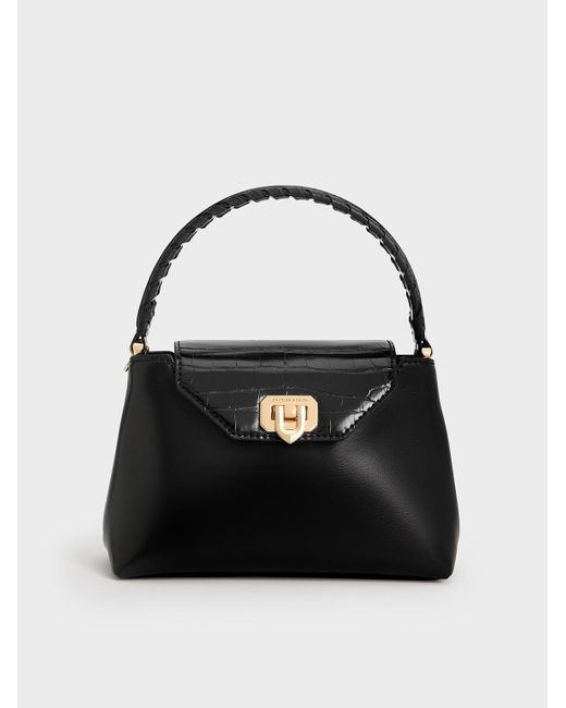 Charles & Keith Black Arwen Croc-Effect Braided-Strap Top Handle Bag