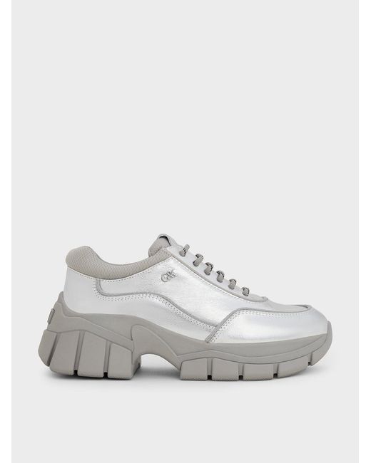 Charles & Keith White Yunna Metallic Leather Chunky Sneakers