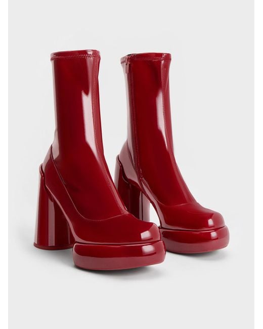 Charles & Keith Red Darcy Patent Platform Ankle Boots