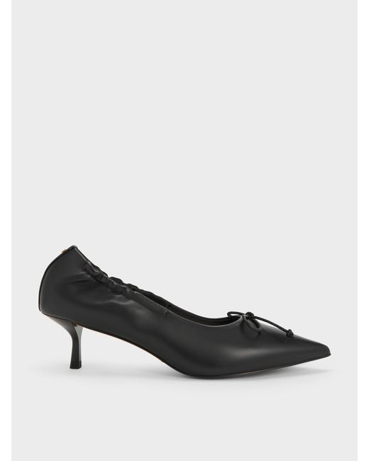 Charles & Keith Black Leather Ruched Pointed Kitten Heels