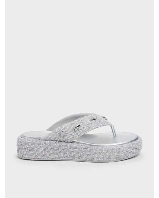 Charles & Keith White Tweed Beach Flatform Thong Sandals