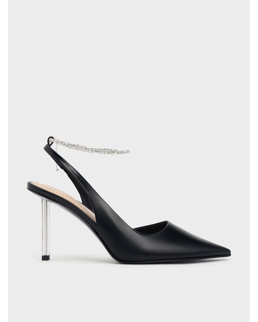 Charles & Keith White Crystal-chain Ankle-strap D'orsay Pumps