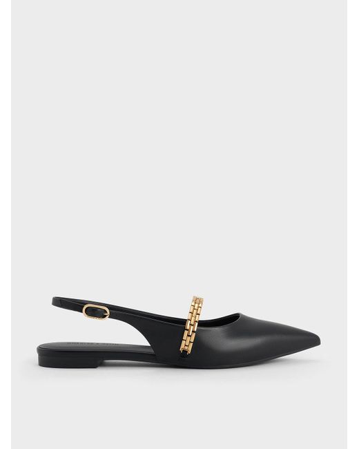Charles & Keith White Chain-Strap Pointed-Toe Slingback Flats