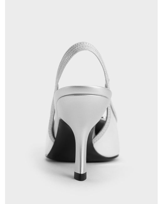 Charles & Keith White Metallic Buckled Pointed-toe Slingback Pumps