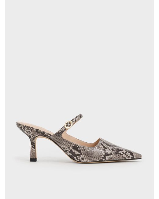 Charles & Keith White Snake-print Buckle-strap Heeled Mules