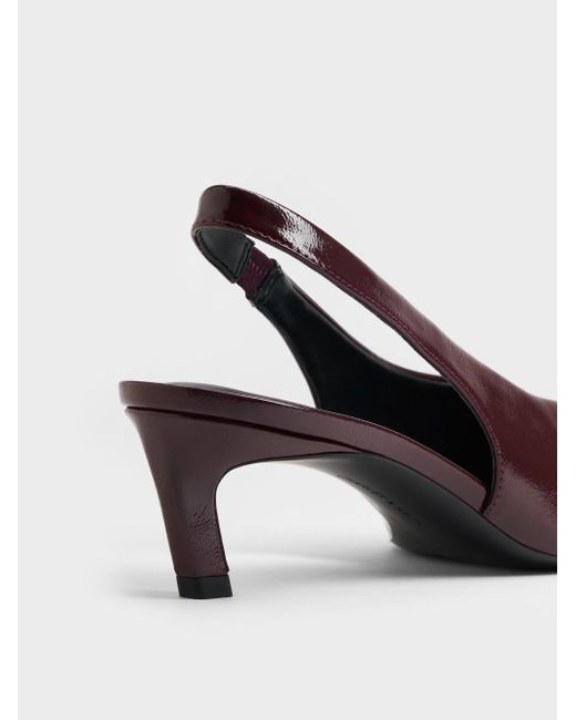 Charles & Keith Brown Patent Tapered Square-Toe Slingback Kitten Heels