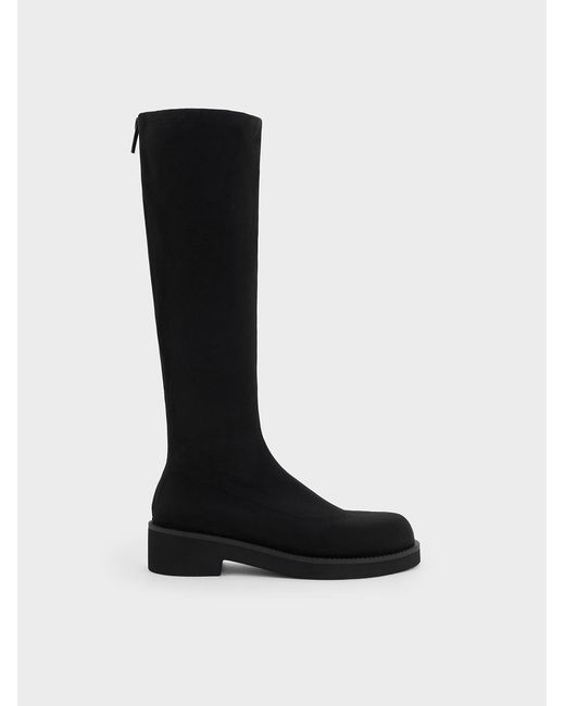 Charles & Keith Black Faux Suede Chunky-sole Knee-high Boots
