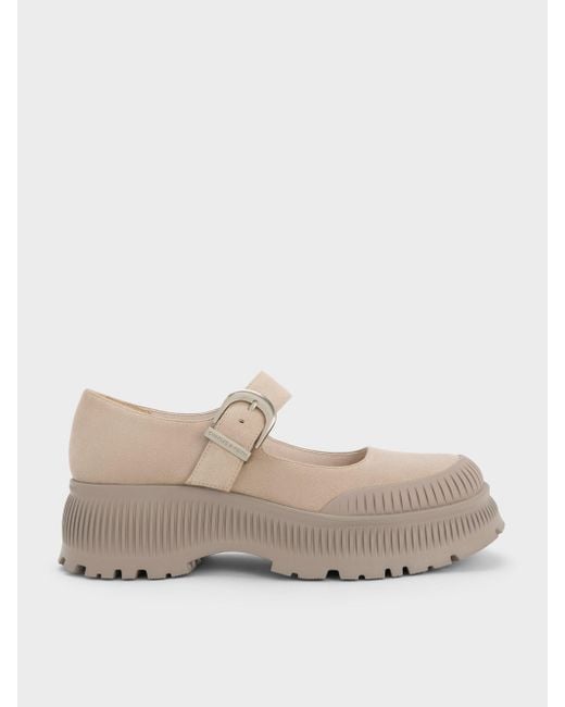 Charles & Keith Natural Darra Faux Suede Ridged-Sole Platform Mary Janes