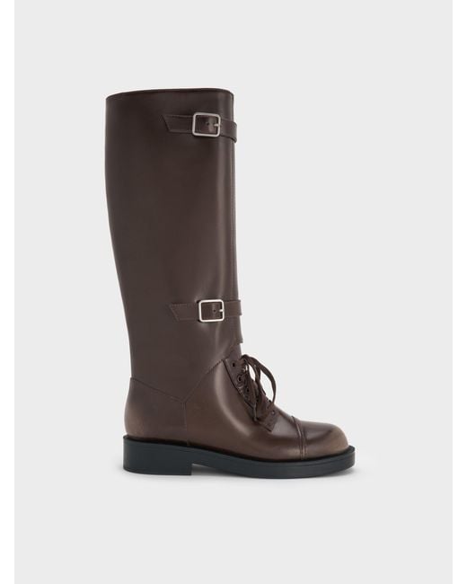 Charles & Keith Brown Burnished Double-Buckle Combat Knee-High Boots