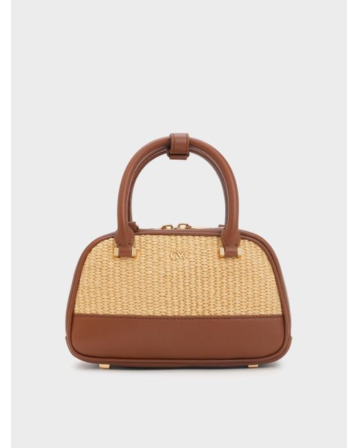 Charles & Keith Multicolor Leather & Raffia Bowling Bag
